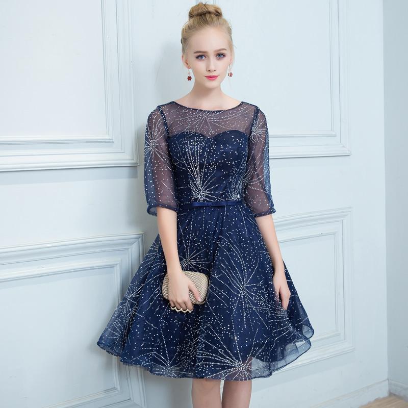 A Line Dark Blue Homecoming Dresses, Short Half Sleeves Prom Dress INN64