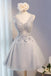 A Line Lace Appliques Short Gray V Neck Homecoming Dresses IND1