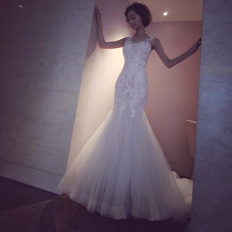 Mermaid Tulle Lace Sleeveless Long Count Train Wedding Dress IN640