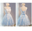 A Line Lace Appliques Round Neck Sky Blue Short Homecoming Dresses IND7
