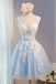 A Line Lace Appliques Round Neck Sky Blue Short Homecoming Dresses IND7