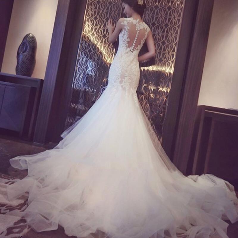 Mermaid Tulle Lace Sleeveless Long Count Train Wedding Dress IN640