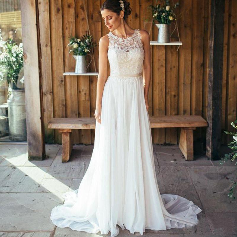 Elegant A-Line Round Neck Chiffon with Lace,Beach Boho Wedding Dresses INM88