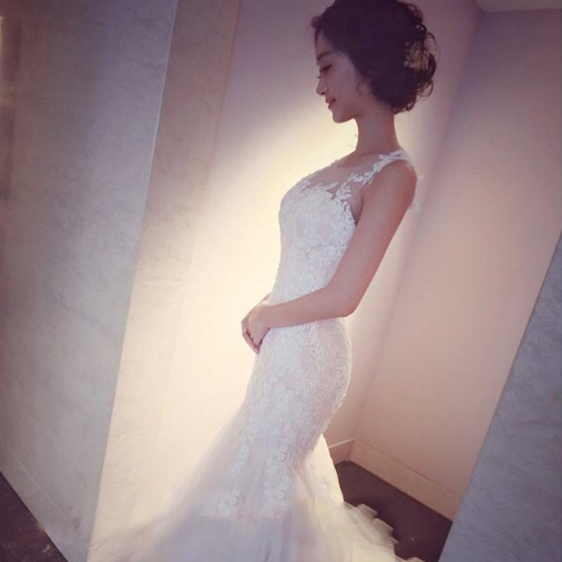 Mermaid Tulle Lace Sleeveless Long Count Train Wedding Dress IN640