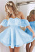 Short A Line Sweetheart Ruffles Prom Dresses,Off Shoulder Cute Lace Blue Homecoming Dress IN491