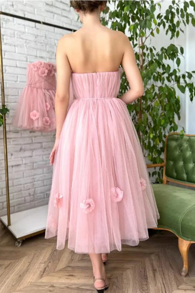 A Line Tea Length Pink Floral Prom Dresses, Formal School Party Dresses IN1992