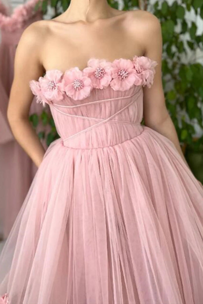 A Line Tea Length Pink Floral Prom Dresses, Formal School Party Dresses IN1992