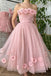 A Line Tea Length Pink Floral Prom Dresses, Formal School Party Dresses IN1992