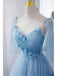 A Line V Neck Blue Long Prom Dress with Sweep Train, Formal Evening Dresses IN2004