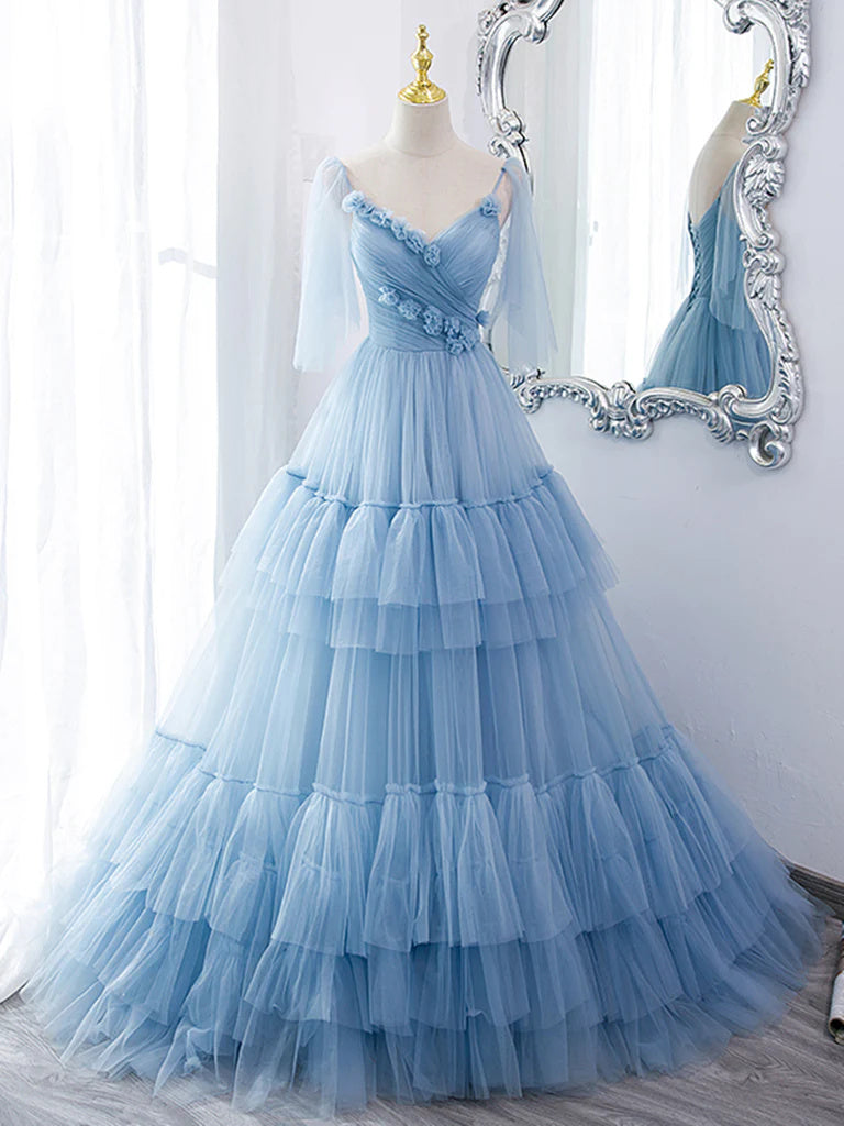 A Line V Neck Blue Long Prom Dress with Sweep Train, Formal Evening Dresses IN2004