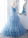 A Line V Neck Blue Long Prom Dress with Sweep Train, Formal Evening Dresses IN2004