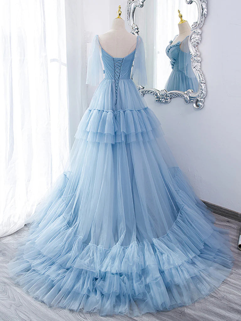 A Line V Neck Blue Long Prom Dress with Sweep Train, Formal Evening Dresses IN2004