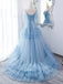 A Line V Neck Blue Long Prom Dress with Sweep Train, Formal Evening Dresses IN2004