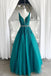 A Line V Neck Dark Green Lace Appliques Prom Dresses, Formal Evening Dresses IN1991