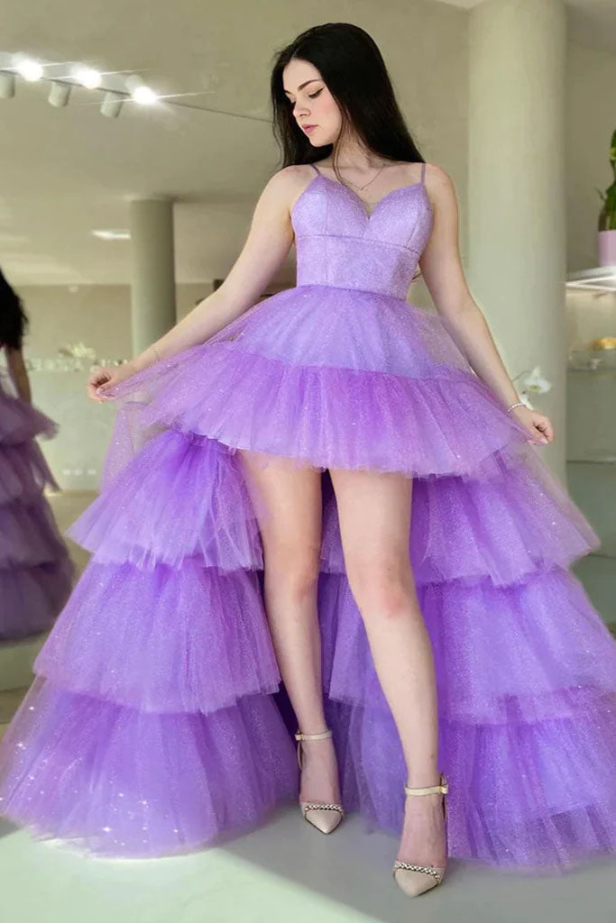 A Line Tulle V Neck Purple High Low Prom Dresses, Formal Party Dresses IN1987