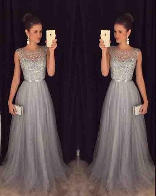 Elegant Gray Tulle Long A Line Prom Dress,Formal Party Dresses INE94