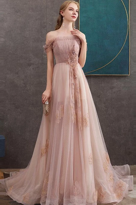 A-line Off-the-shoulder Pearl Pink Long Prom Dress Evening Dress INS23