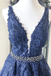 A-line V neck Royal Blue Lace Appliques Long Prom Dress Tulle Evening Dress INS95