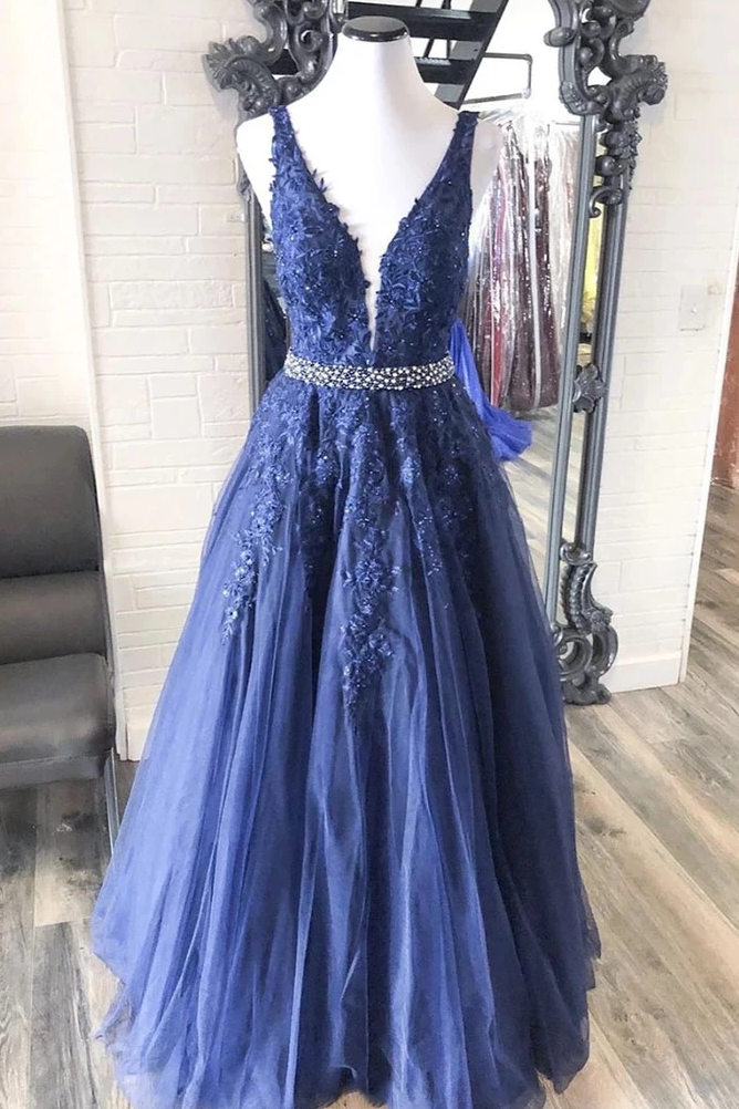 A-line V neck Royal Blue Lace Appliques Long Prom Dress Tulle Evening Dress INS95