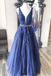 A-line V neck Royal Blue Lace Appliques Long Prom Dress Tulle Evening Dress INS95