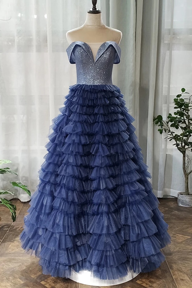 A-line Off-the-shoulder Royal Blue Long Prom Dress Tulle Evening Dress INS94