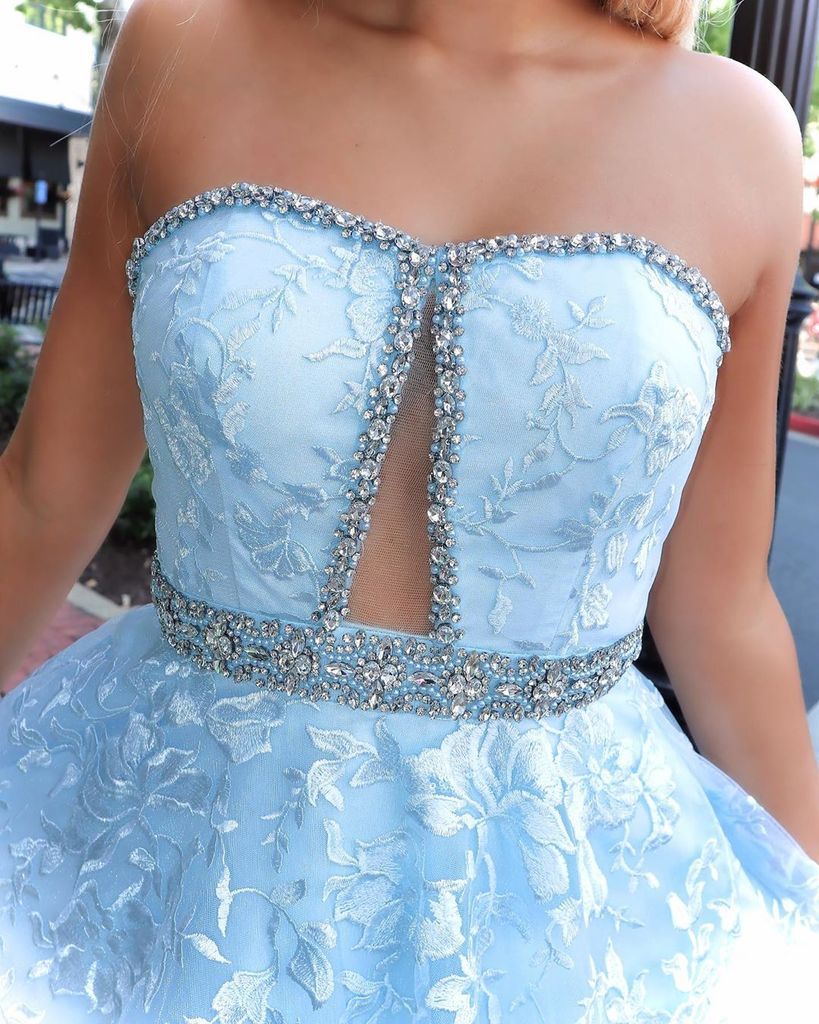 Stunning A-line Strapless Sky Blue Lace Beaded Long Prom Dress Evening Dress INT2