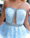 Stunning A-line Strapless Sky Blue Lace Beaded Long Prom Dress Evening Dress INT2