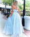 Stunning A-line Strapless Sky Blue Lace Beaded Long Prom Dress Evening Dress INT2