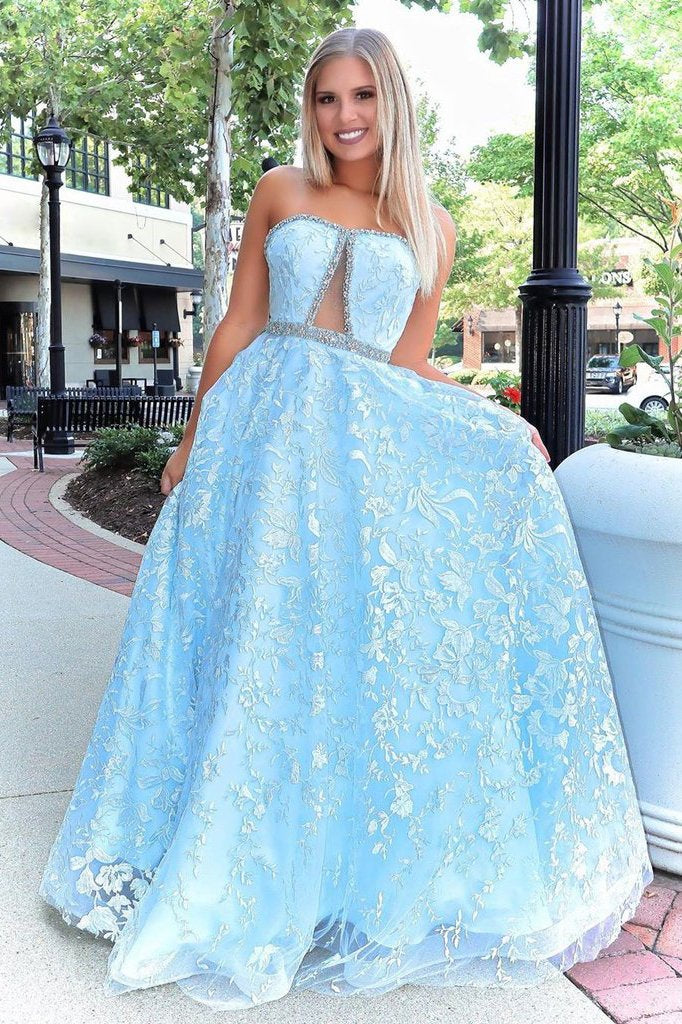 Stunning A-line Strapless Sky Blue Lace Beaded Long Prom Dress Evening Dress INT2