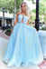 Stunning A-line Strapless Sky Blue Lace Beaded Long Prom Dress Evening Dress INT2