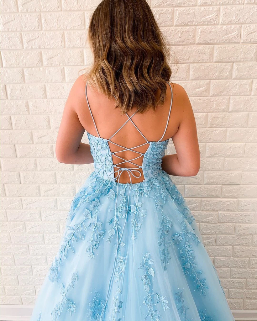 New Arrival A-line Spaghetti Straps Lace Appliques Long Blue Prom Dress INT5