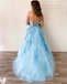 New Arrival A-line Spaghetti Straps Lace Appliques Long Blue Prom Dress INT5