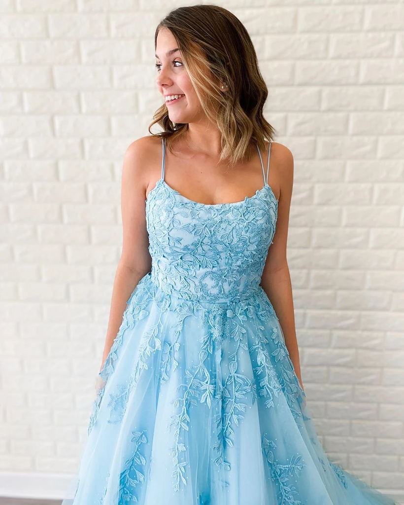 New Arrival A-line Spaghetti Straps Lace Appliques Long Blue Prom Dress INT5