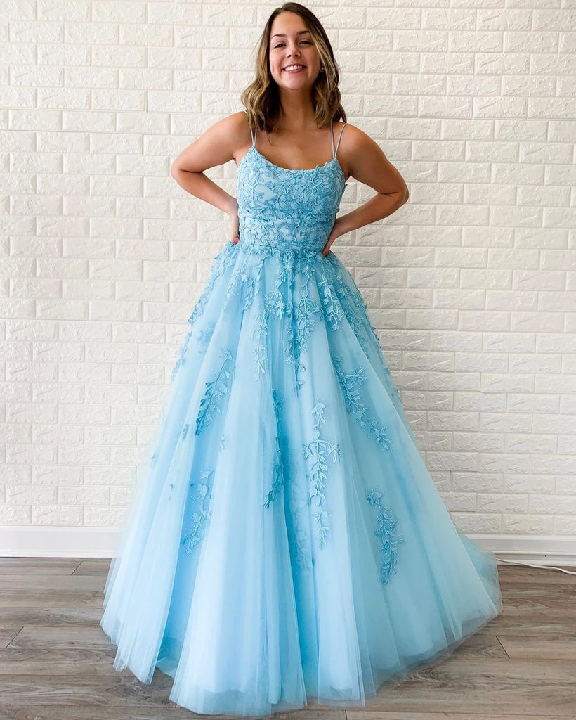 New Arrival A-line Spaghetti Straps Lace Appliques Long Blue Prom Dress INT5