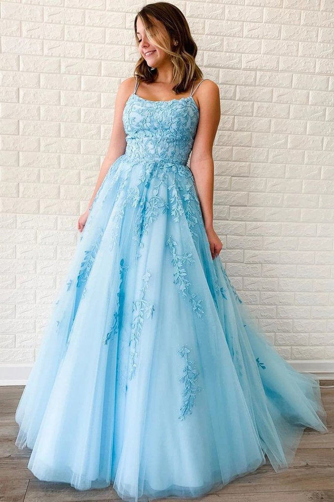 New Arrival A-line Spaghetti Straps Lace Appliques Long Blue Prom Dress INT5