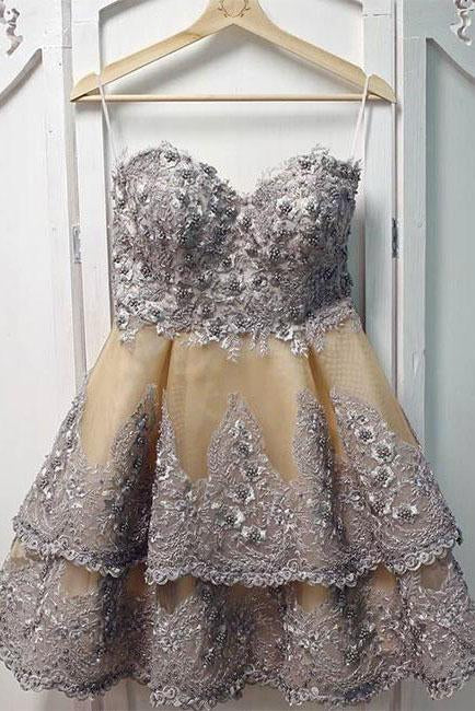 Unique Sweetheart Appliques Short Prom Dress, Layers Homecoming Dress INP56