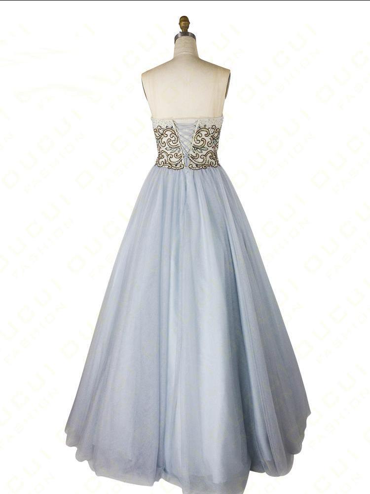 A-line Sweetheart Beaded Light Blue Long Prom Dress Unique Formal Gowns INR55