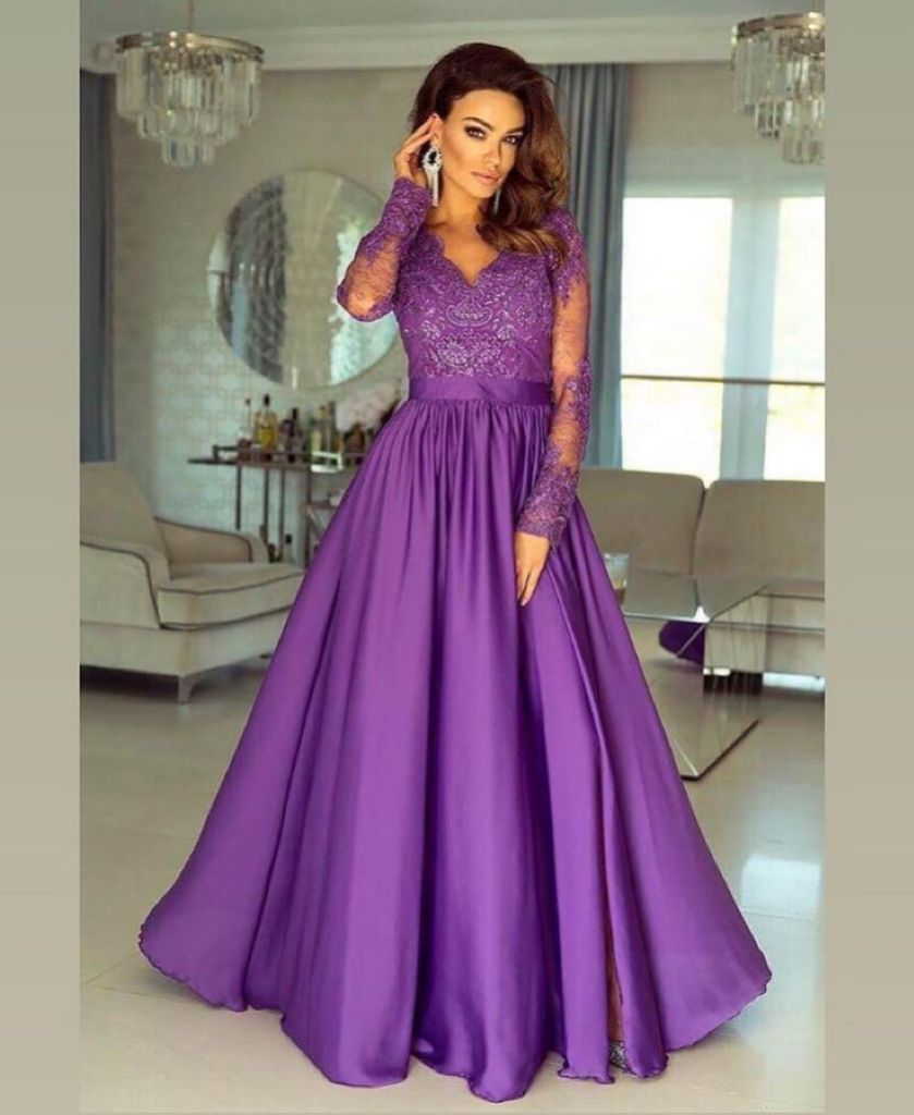 A-line V neck Long Sleeves Prom Dress Lace Appliques Formal Gowns INR73