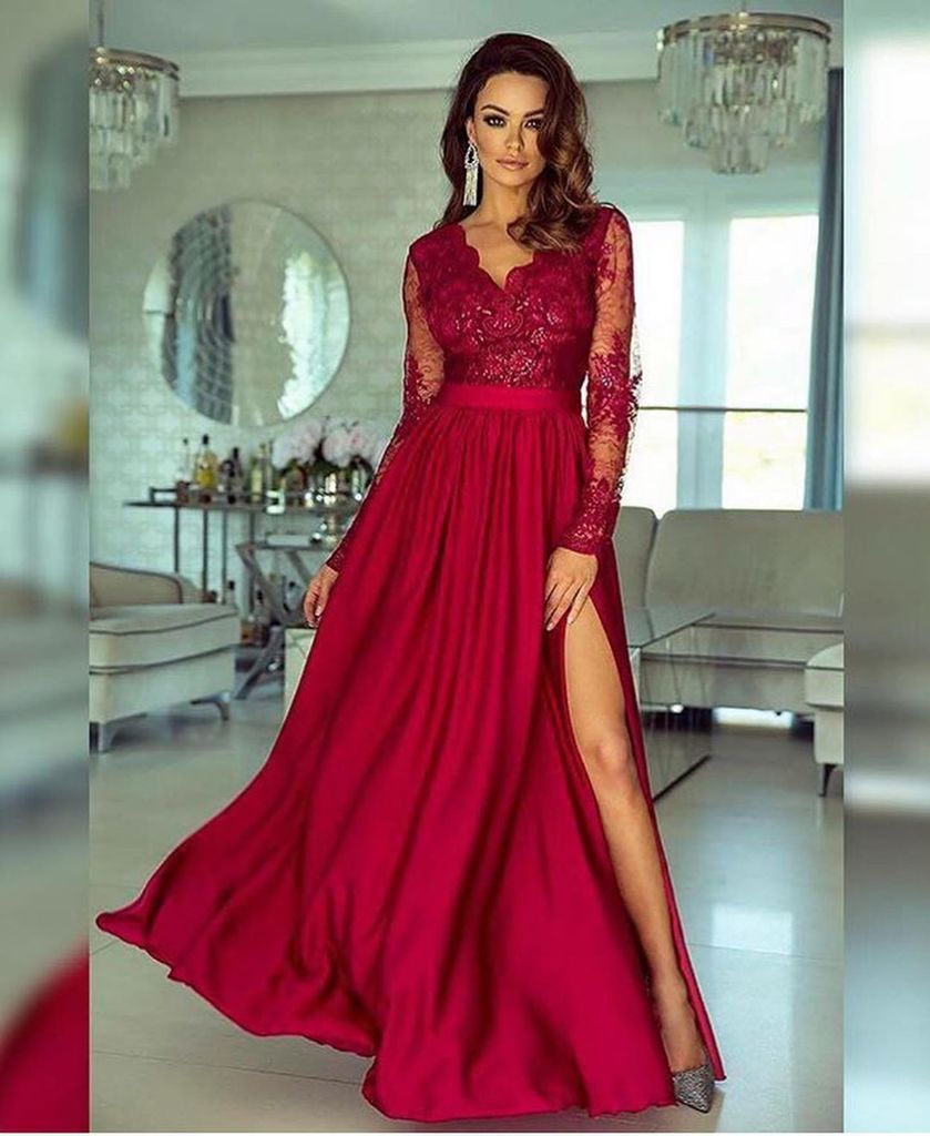 A-line V neck Long Sleeves Prom Dress Lace Appliques Formal Gowns INR73