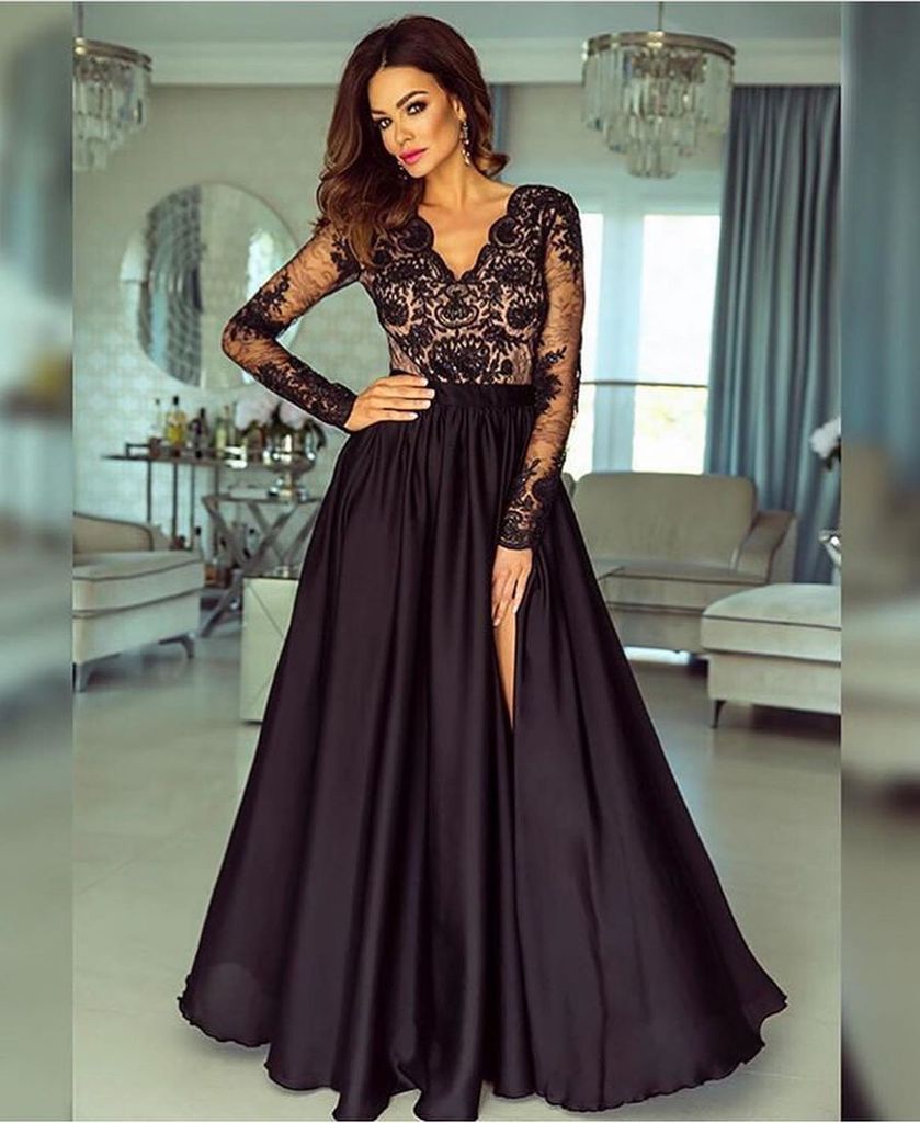 A-line V neck Long Sleeves Prom Dress Lace Appliques Formal Gowns INR73