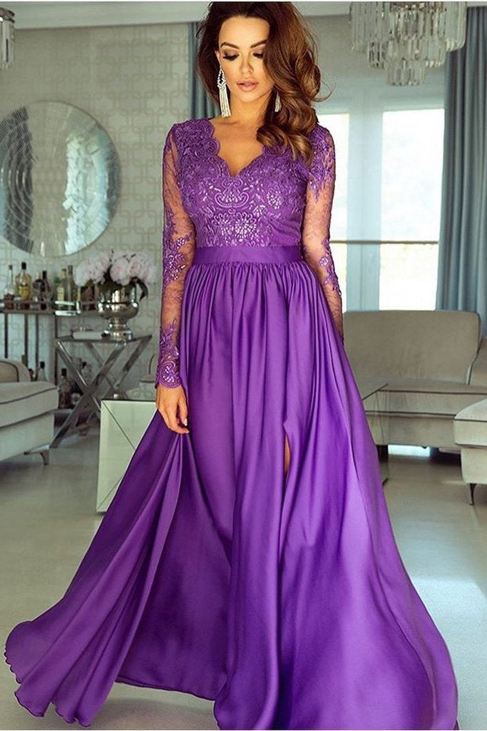 A-line V neck Long Sleeves Prom Dress Lace Appliques Formal Gowns INR73