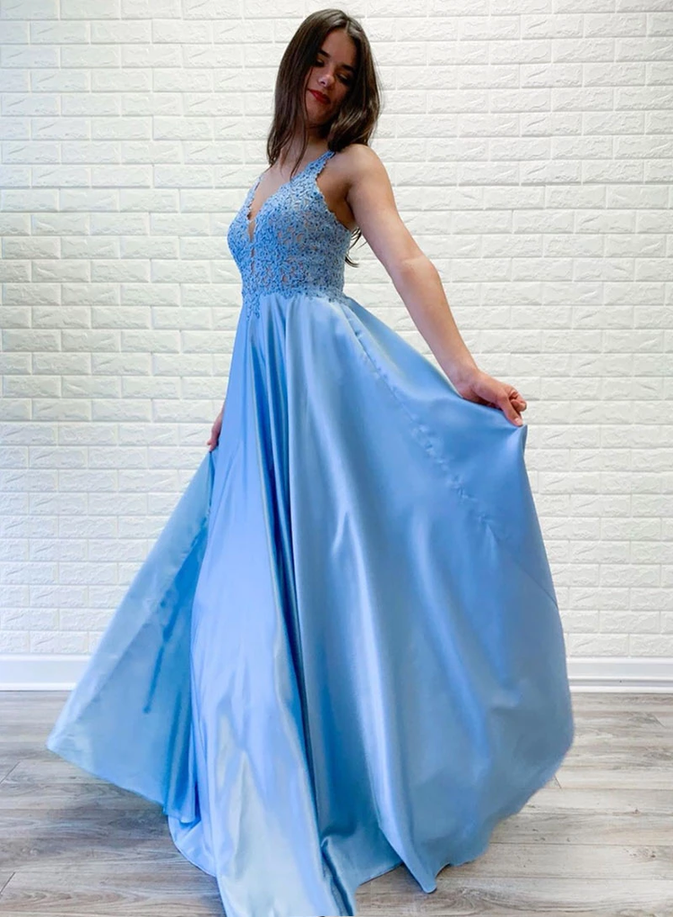 A-line V neck Lace Appliques Long Satin Prom Dress Blue Evening Party Dresses INR67