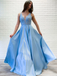 A-line V neck Lace Appliques Long Satin Prom Dress Blue Evening Party Dresses INR67