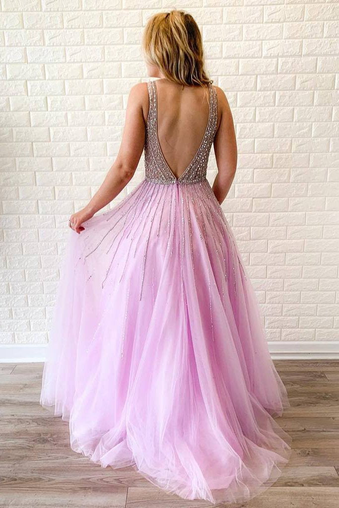 A-line V Neck Lilac Long Prom Dress Tulle Beaded Evening Gowns INR64