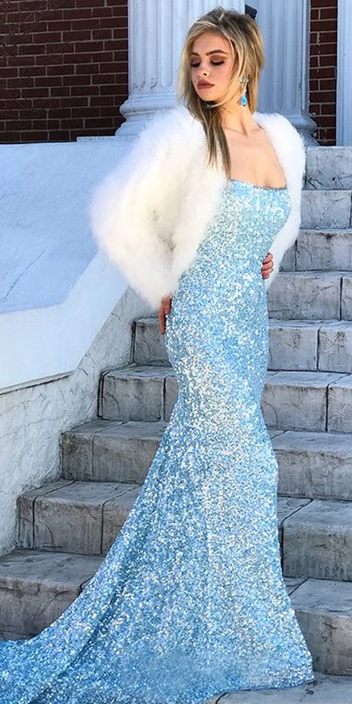 Mermaid Sky Blue Sequins Long Prom Dresses Cheap Evening Dresses INR57