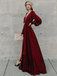 A-line Burgundy Long Prom Dress Long Sleeve Simple Cheap Evening Dress INR56