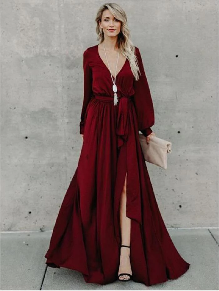 A-line Burgundy Long Prom Dress Long Sleeve Simple Cheap Evening Dress INR56