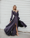 A-line Burgundy Long Prom Dress Long Sleeve Simple Cheap Evening Dress INR56