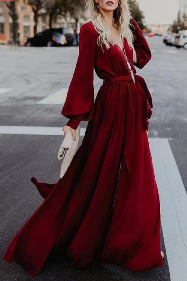 A-line Burgundy Long Prom Dress Long Sleeve Simple Cheap Evening Dress INR56