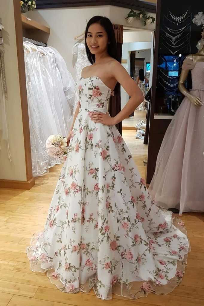 A Line Floral Long Prom Dresses Strapless Beautiful Flower Printed Prom Dresses INR43